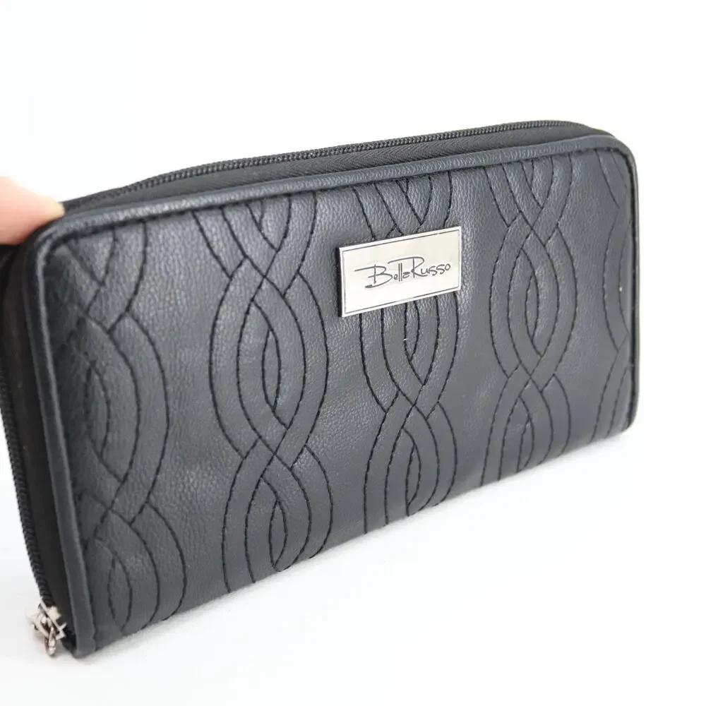 Bella Russo Wallet Black Faux Leather Quilted Clutch ID Card Cash Coin Accordion